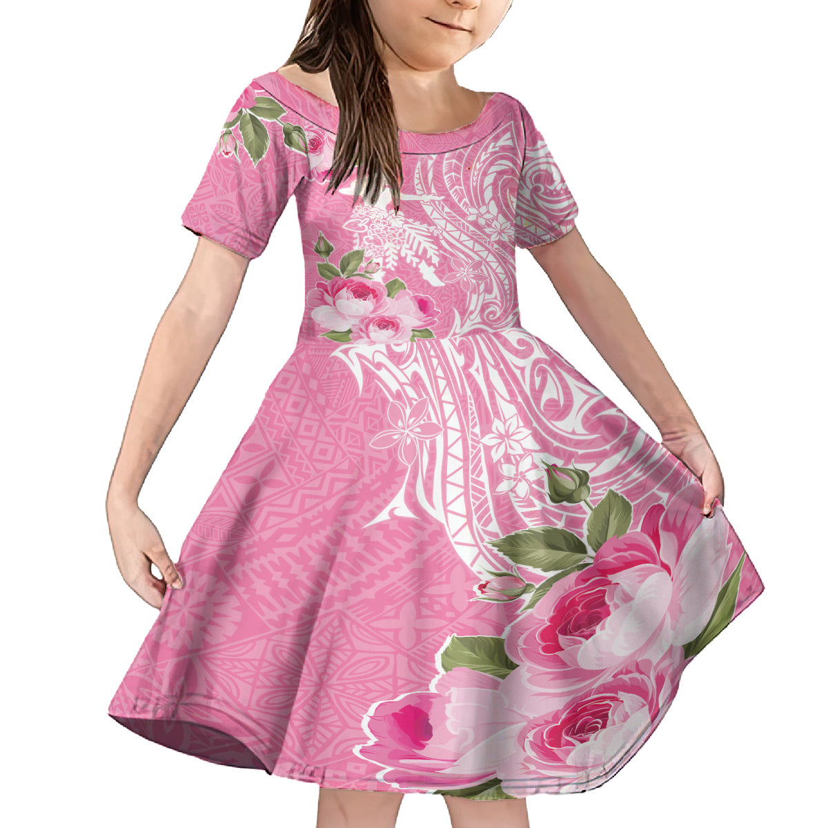 Personalised Hawaii Wahine Kid Short Sleeve Dress Women's Day Maui Lokelani Roses LT7 KID Pink - Polynesian Pride