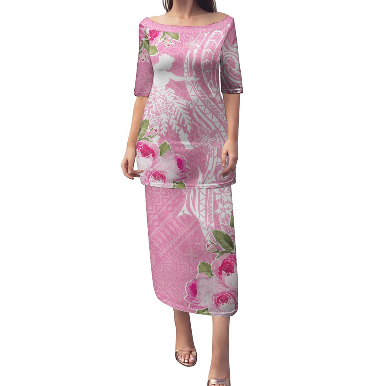 Personalised Hawaii Wahine Puletasi Women's Day Maui Lokelani Roses LT7 Long Dress Pink - Polynesian Pride