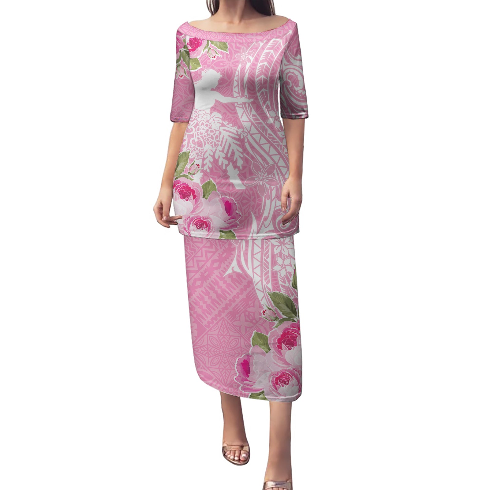 Personalised Hawaii Wahine Puletasi Women's Day Maui Lokelani Roses LT7 Long Dress Pink - Polynesian Pride