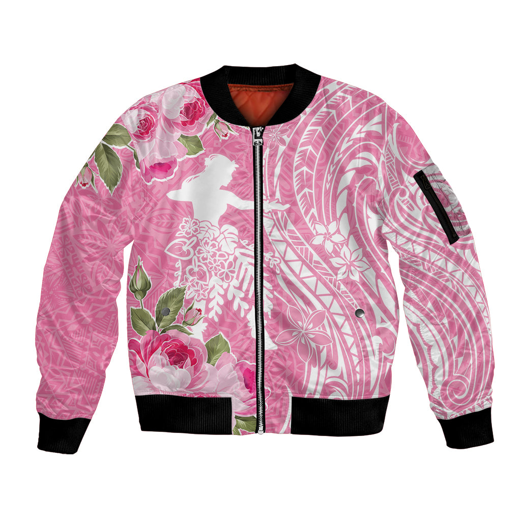 Personalised Hawaii Wahine Sleeve Zip Bomber Jacket Women's Day Maui Lokelani Roses LT7 Unisex Pink - Polynesian Pride