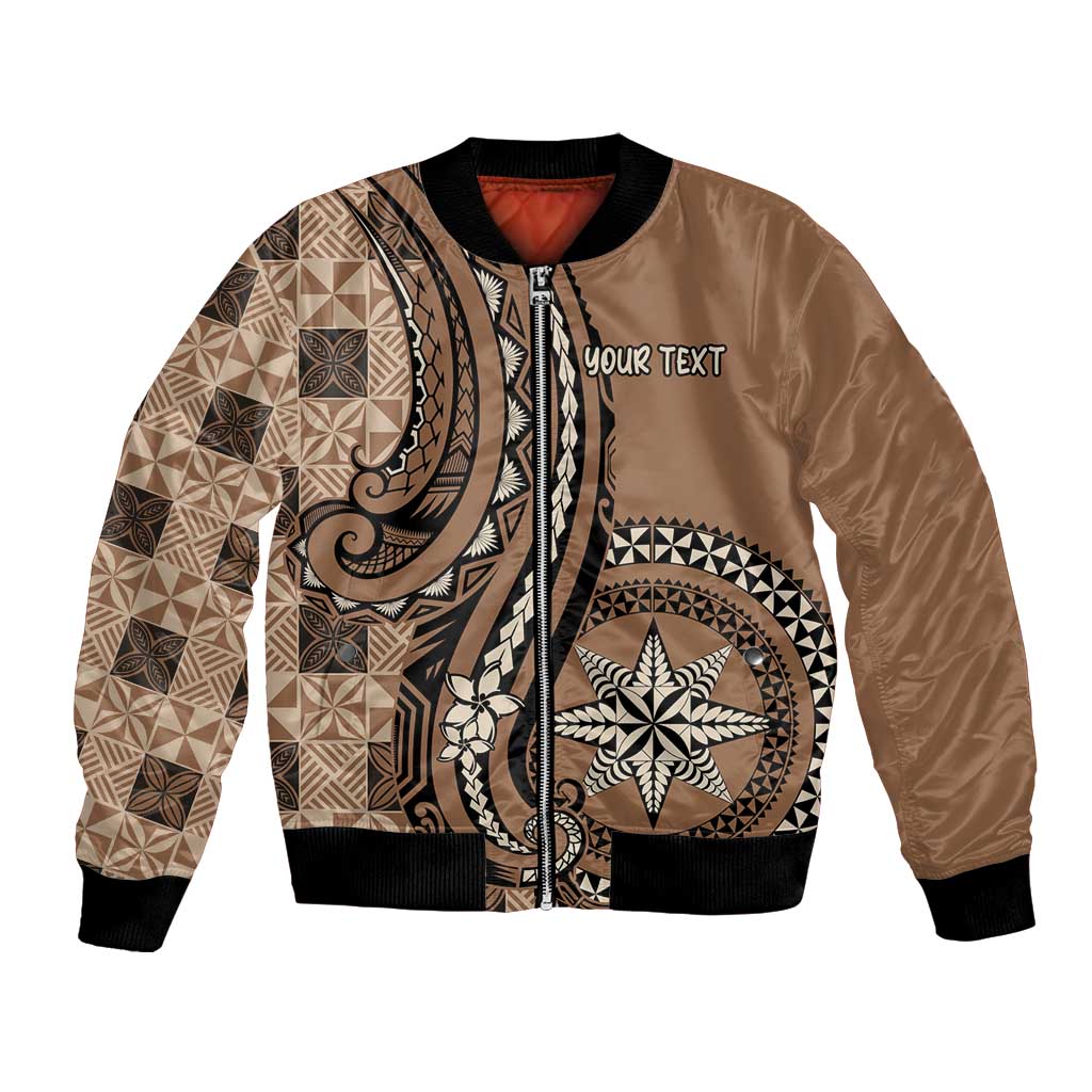 Personalized Tonga Ngatu Bomber Jacket Vintage Brown Manulua Motifs