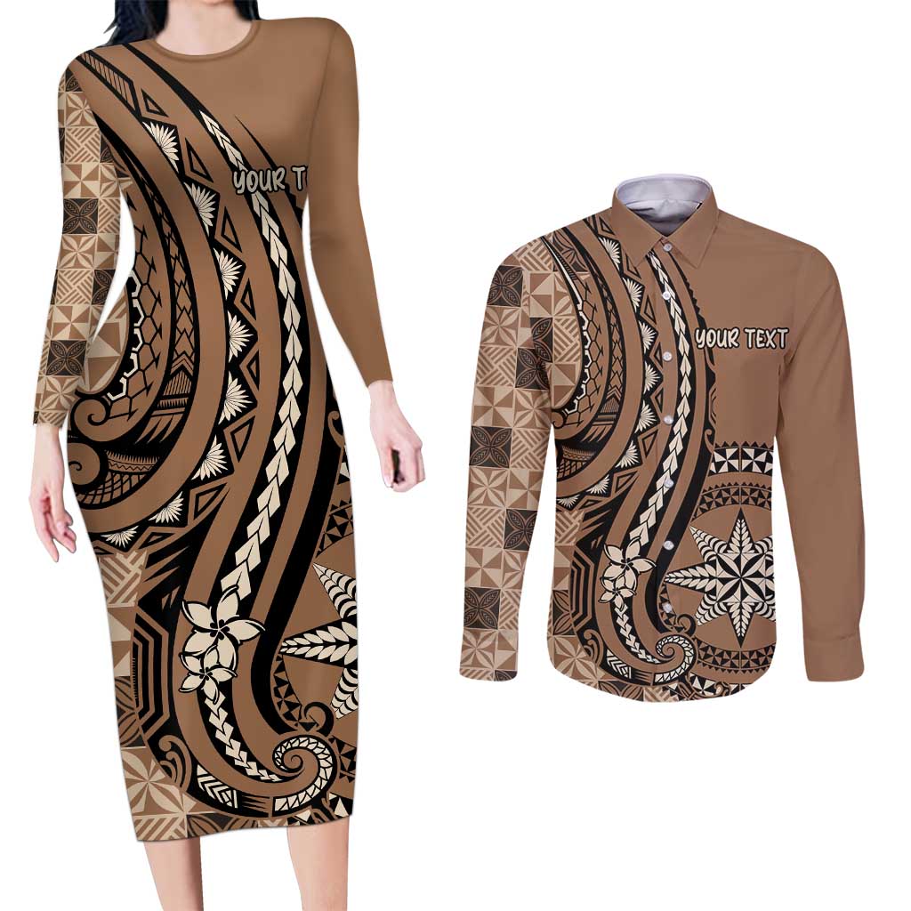 Personalized Tonga Ngatu Couples Matching Long Sleeve Bodycon Dress and Long Sleeve Button Shirt Vintage Brown Manulua Motifs