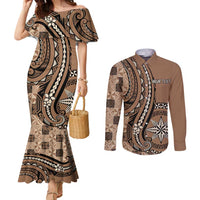 Personalized Tonga Ngatu Couples Matching Mermaid Dress and Long Sleeve Button Shirt Vintage Brown Manulua Motifs