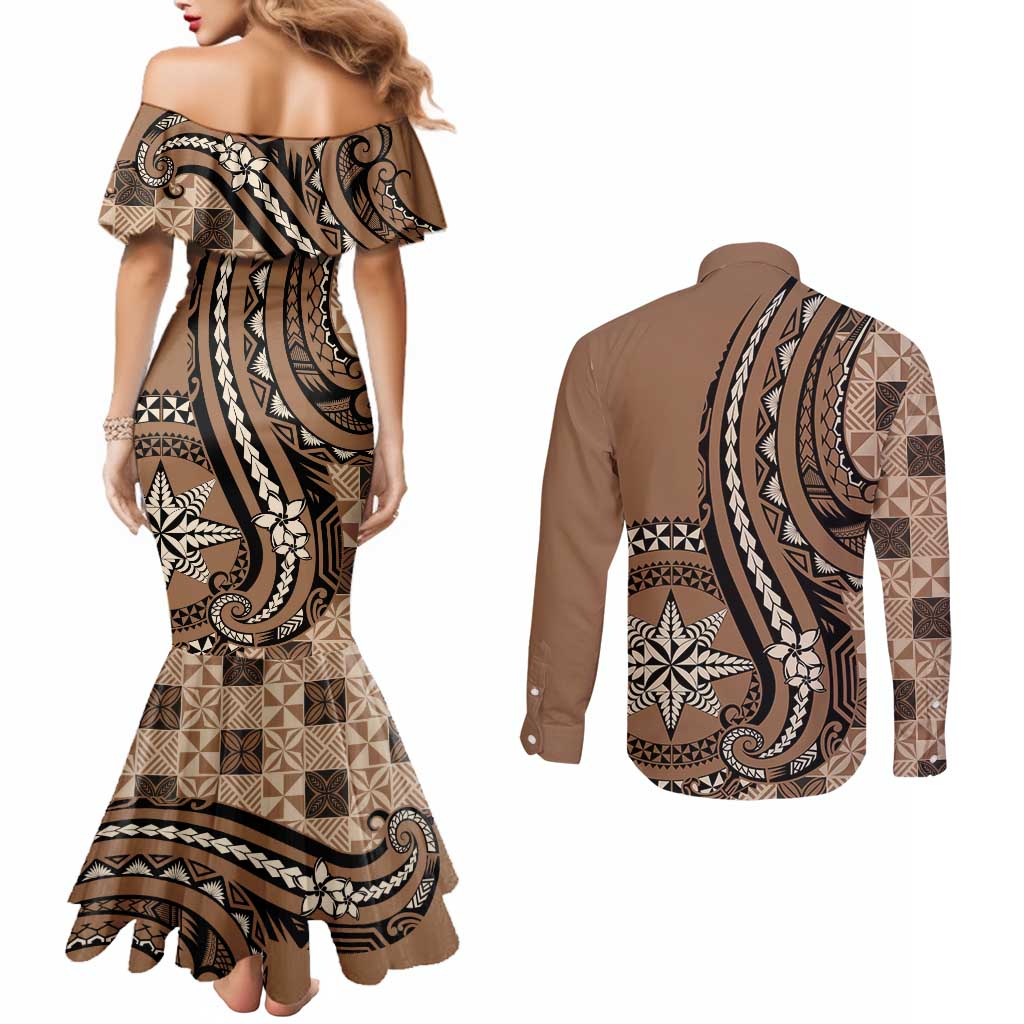 Personalized Tonga Ngatu Couples Matching Mermaid Dress and Long Sleeve Button Shirt Vintage Brown Manulua Motifs