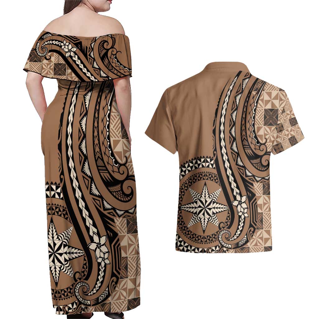 Personalized Tonga Ngatu Couples Matching Off Shoulder Maxi Dress and Hawaiian Shirt Vintage Brown Manulua Motifs