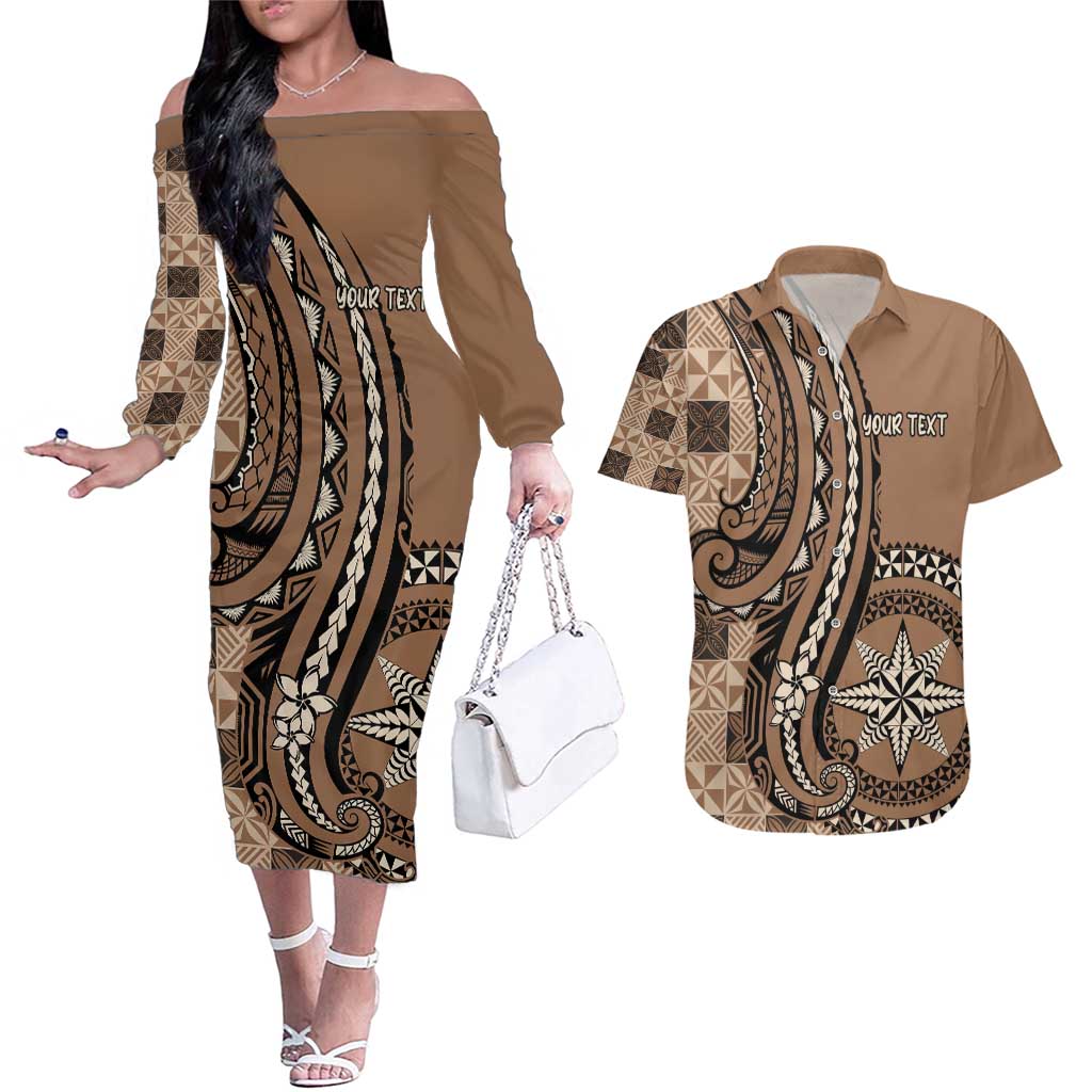 Personalized Tonga Ngatu Couples Matching Off The Shoulder Long Sleeve Dress and Hawaiian Shirt Vintage Brown Manulua Motifs