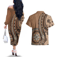 Personalized Tonga Ngatu Couples Matching Off The Shoulder Long Sleeve Dress and Hawaiian Shirt Vintage Brown Manulua Motifs