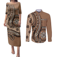 Personalized Tonga Ngatu Couples Matching Puletasi and Long Sleeve Button Shirt Vintage Brown Manulua Motifs