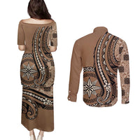 Personalized Tonga Ngatu Couples Matching Puletasi and Long Sleeve Button Shirt Vintage Brown Manulua Motifs