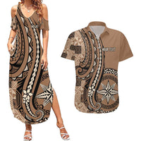 Personalized Tonga Ngatu Couples Matching Summer Maxi Dress and Hawaiian Shirt Vintage Brown Manulua Motifs