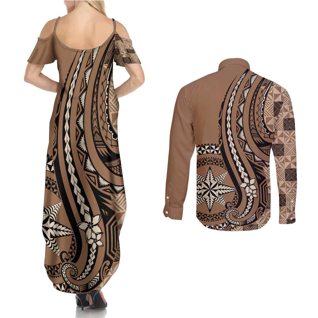 Personalized Tonga Ngatu Couples Matching Summer Maxi Dress and Long Sleeve Button Shirt Vintage Brown Manulua Motifs