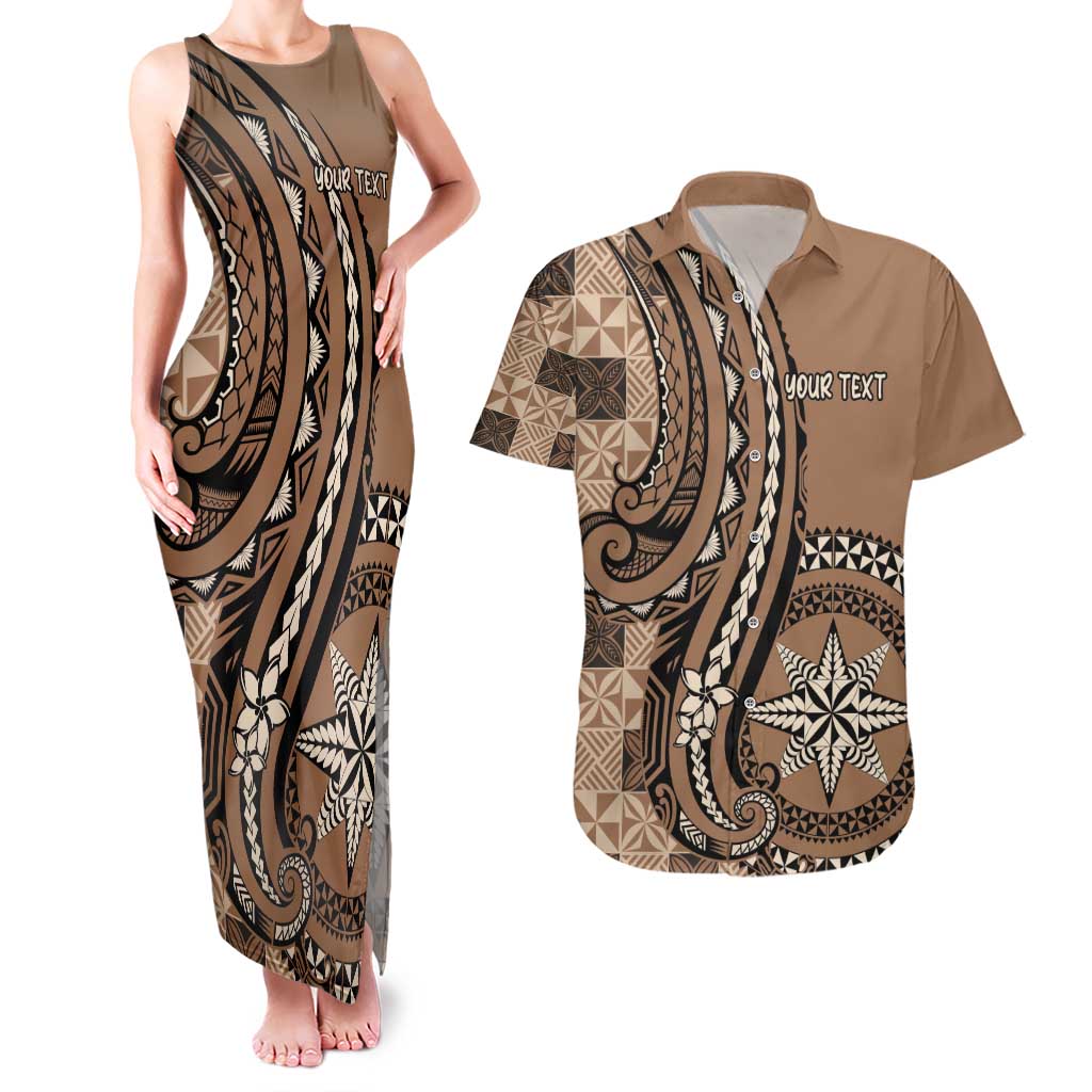 Personalized Tonga Ngatu Couples Matching Tank Maxi Dress and Hawaiian Shirt Vintage Brown Manulua Motifs