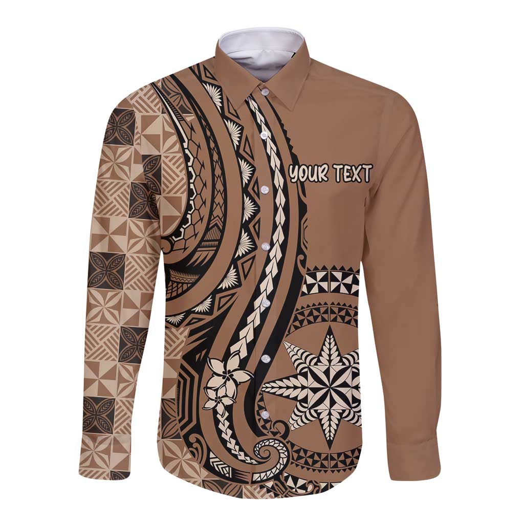 Personalized Tonga Ngatu Long Sleeve Button Shirt Vintage Brown Manulua Motifs