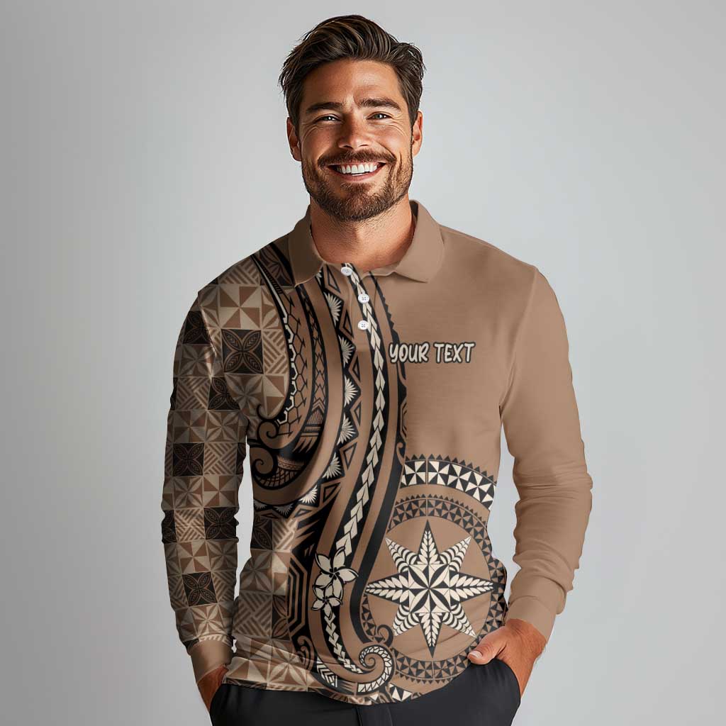 Personalized Tonga Ngatu Long Sleeve Polo Shirt Vintage Brown Manulua Motifs