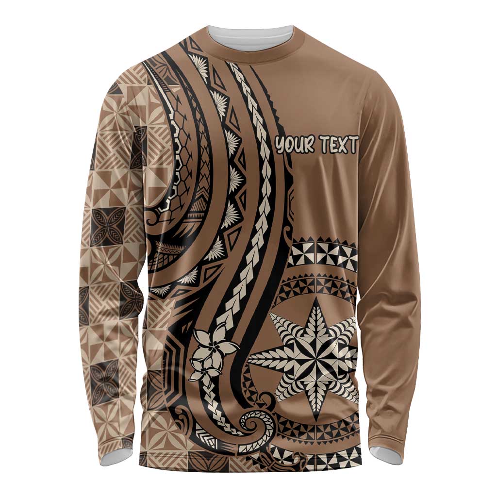 Personalized Tonga Ngatu Long Sleeve Shirt Vintage Brown Manulua Motifs