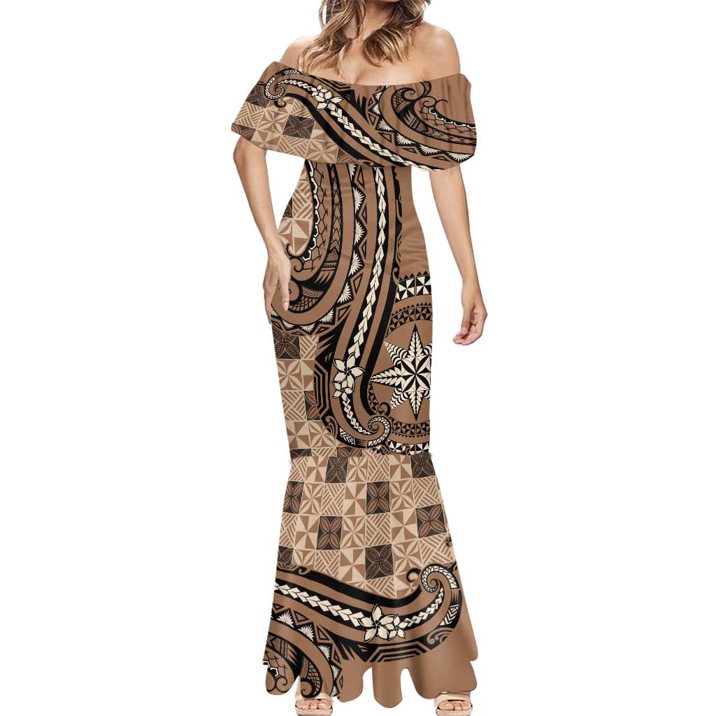 Personalized Tonga Ngatu Mermaid Dress Vintage Brown Manulua Motifs