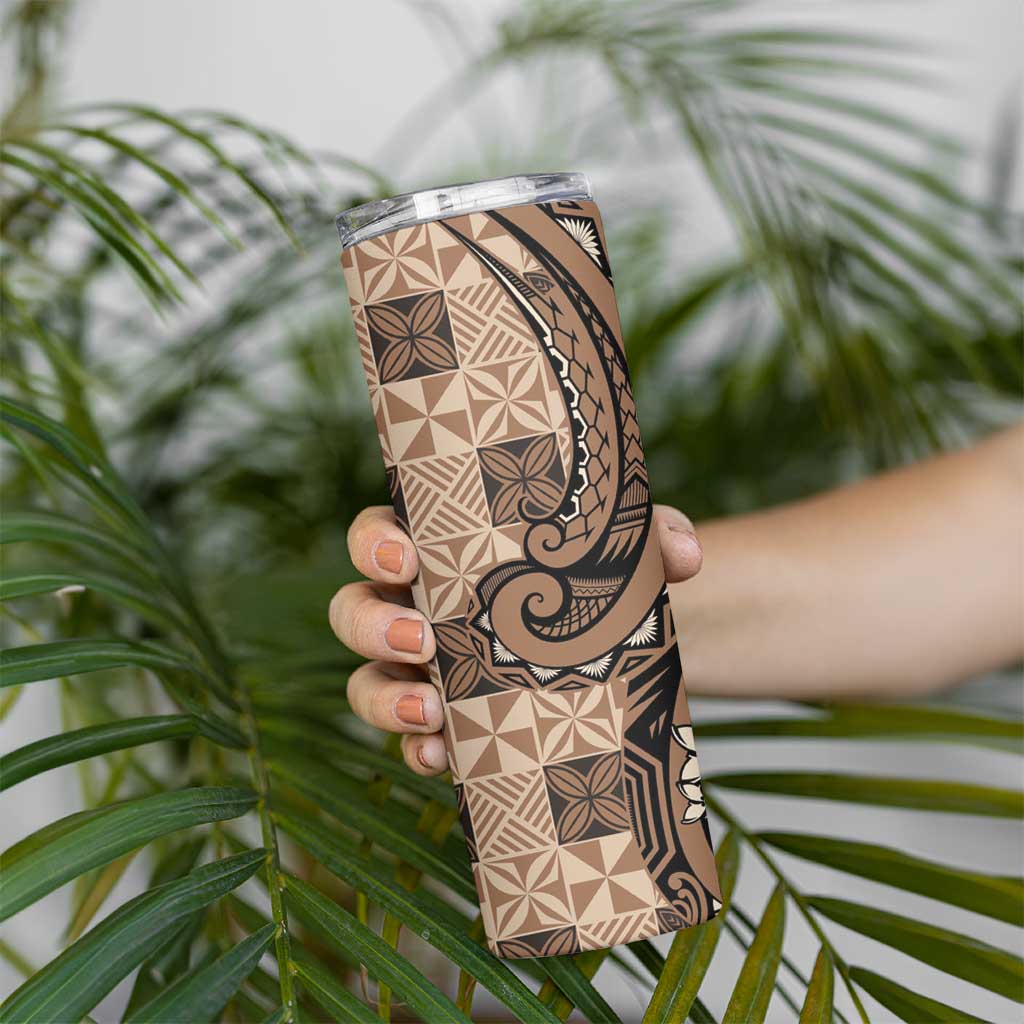 Personalized Tonga Ngatu Skinny Tumbler Vintage Brown Manulua Motifs