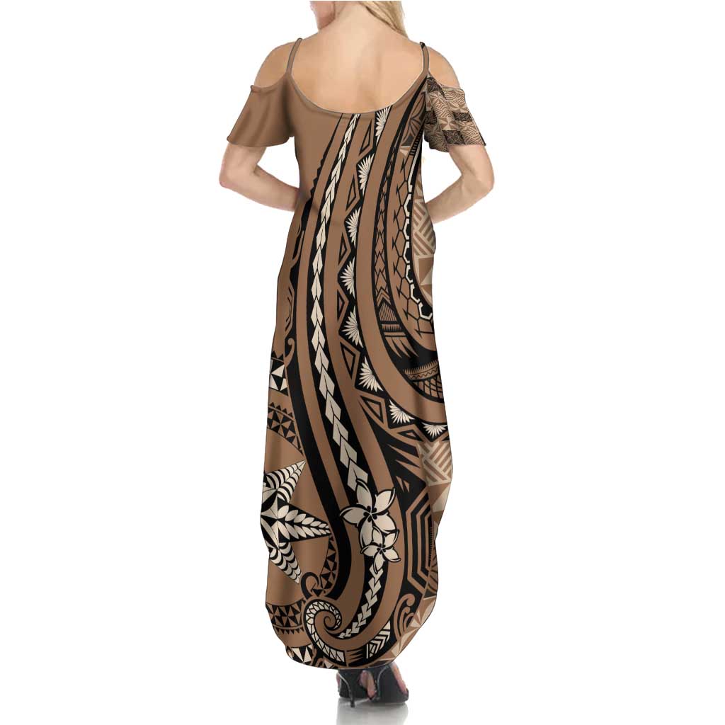 Personalized Tonga Ngatu Summer Maxi Dress Vintage Brown Manulua Motifs