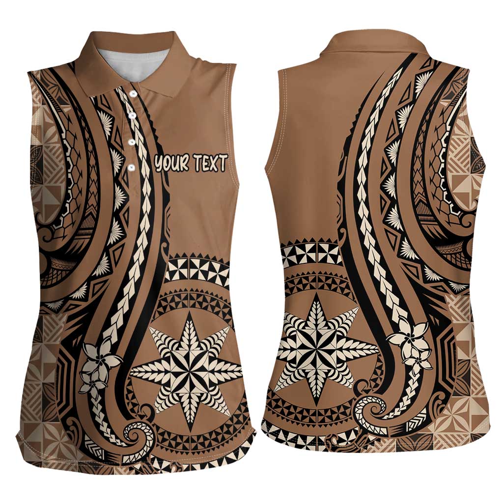 Personalized Tonga Ngatu Women Sleeveless Polo Shirt Vintage Brown Manulua Motifs LT7 - Polynesian Pride