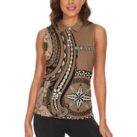Personalized Tonga Ngatu Women Sleeveless Polo Shirt Vintage Brown Manulua Motifs LT7 - Polynesian Pride