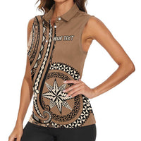 Personalized Tonga Ngatu Women Sleeveless Polo Shirt Vintage Brown Manulua Motifs LT7 - Polynesian Pride
