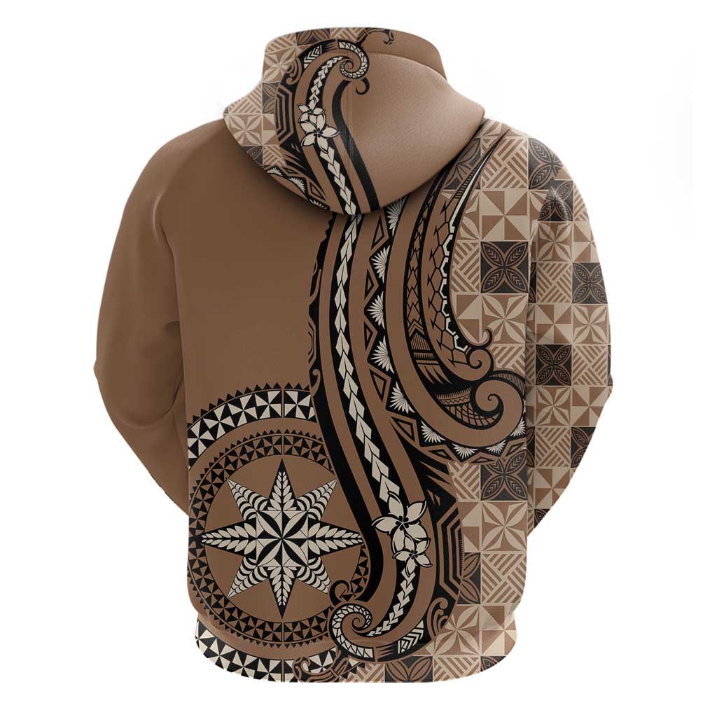 Personalized Tonga Ngatu Zip Hoodie Vintage Brown Manulua Motifs