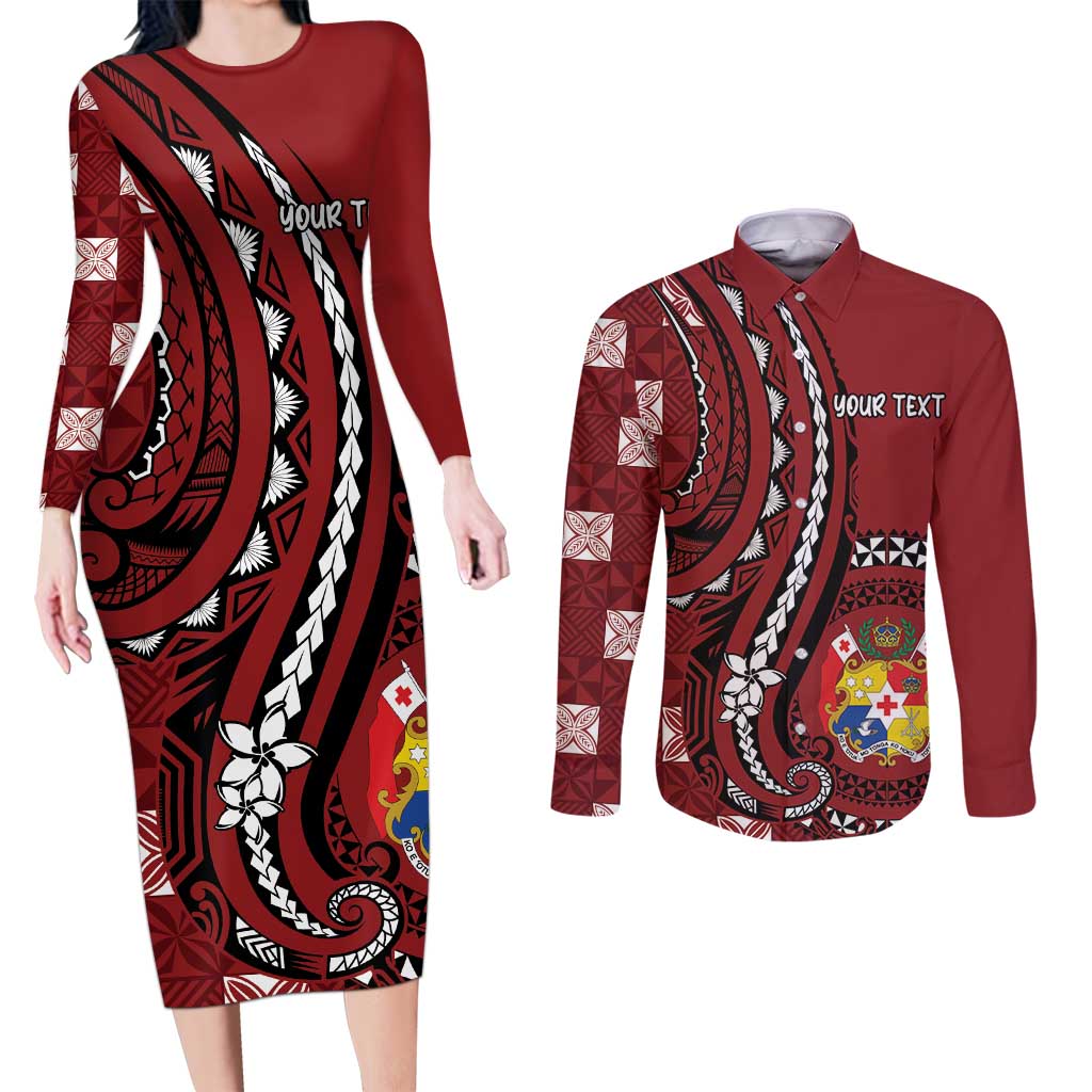 Personalized Tonga Ngatu Couples Matching Long Sleeve Bodycon Dress and Long Sleeve Button Shirt Iconic Red Manulua Motifs