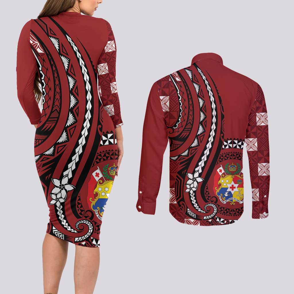 Personalized Tonga Ngatu Couples Matching Long Sleeve Bodycon Dress and Long Sleeve Button Shirt Iconic Red Manulua Motifs