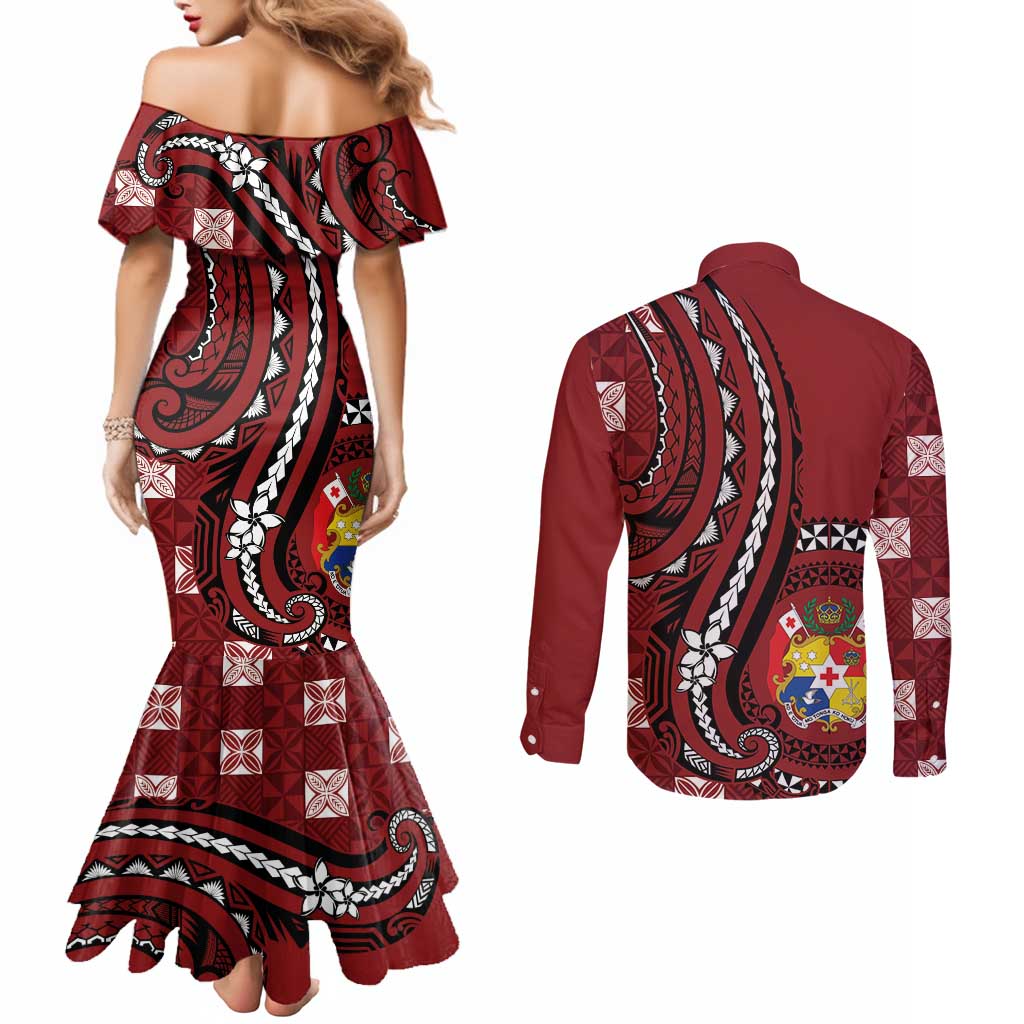 Personalized Tonga Ngatu Couples Matching Mermaid Dress and Long Sleeve Button Shirt Iconic Red Manulua Motifs