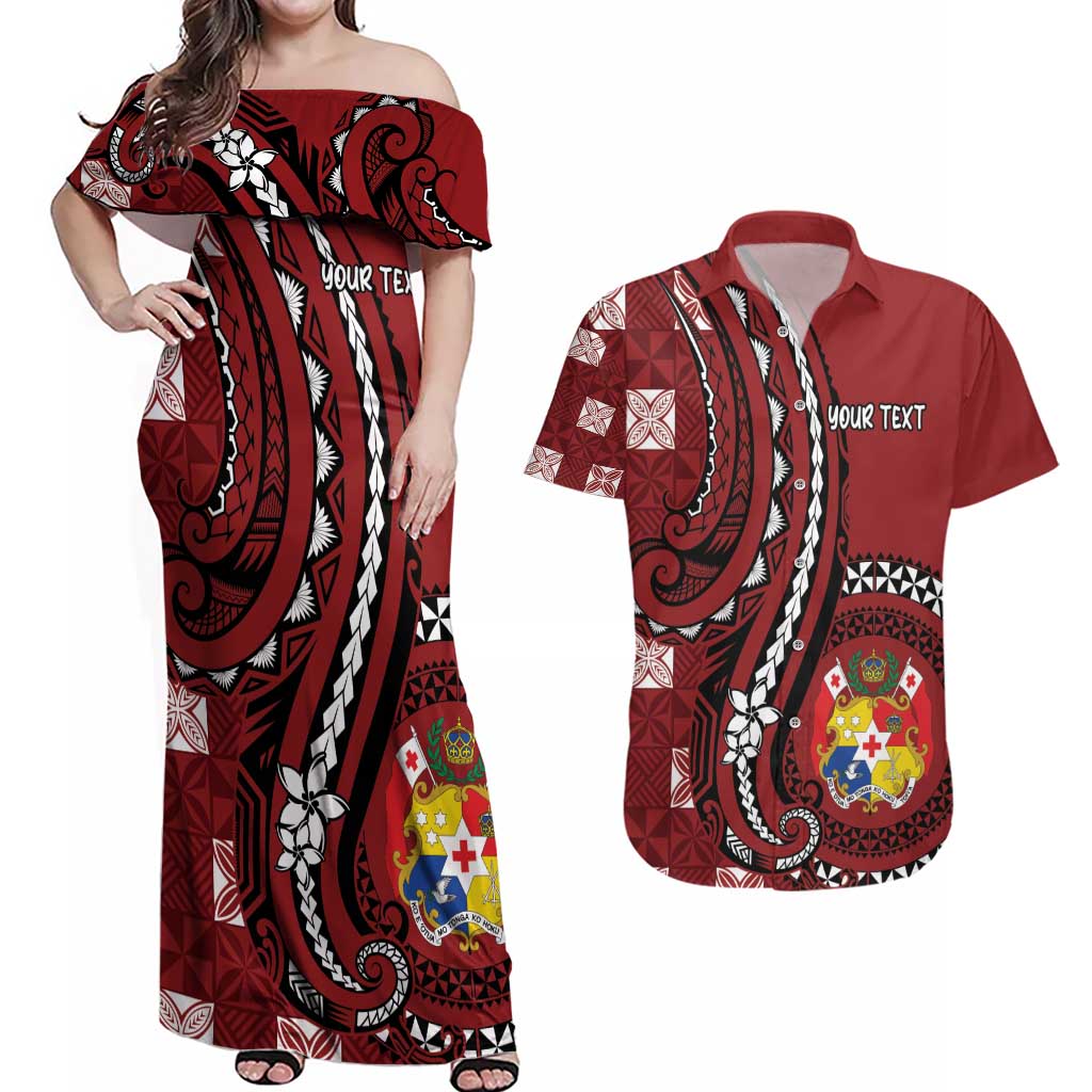 Personalized Tonga Ngatu Couples Matching Off Shoulder Maxi Dress and Hawaiian Shirt Iconic Red Manulua Motifs