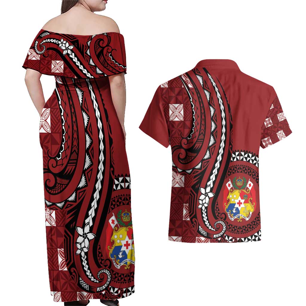 Personalized Tonga Ngatu Couples Matching Off Shoulder Maxi Dress and Hawaiian Shirt Iconic Red Manulua Motifs