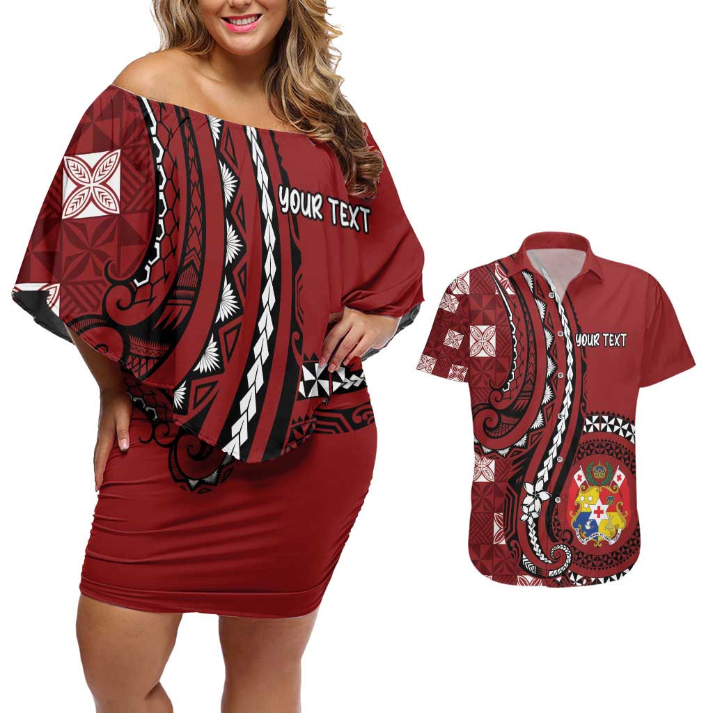 Personalized Tonga Ngatu Couples Matching Off Shoulder Short Dress and Hawaiian Shirt Iconic Red Manulua Motifs