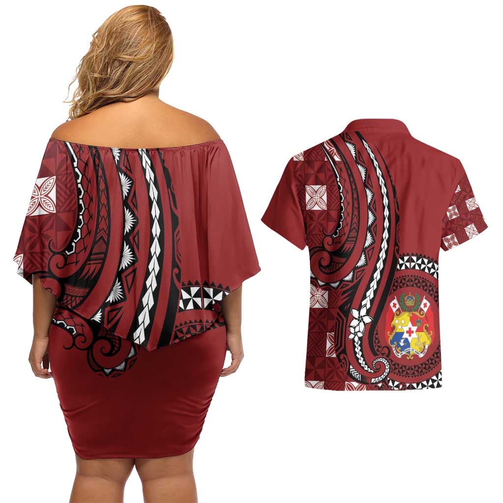 Personalized Tonga Ngatu Couples Matching Off Shoulder Short Dress and Hawaiian Shirt Iconic Red Manulua Motifs