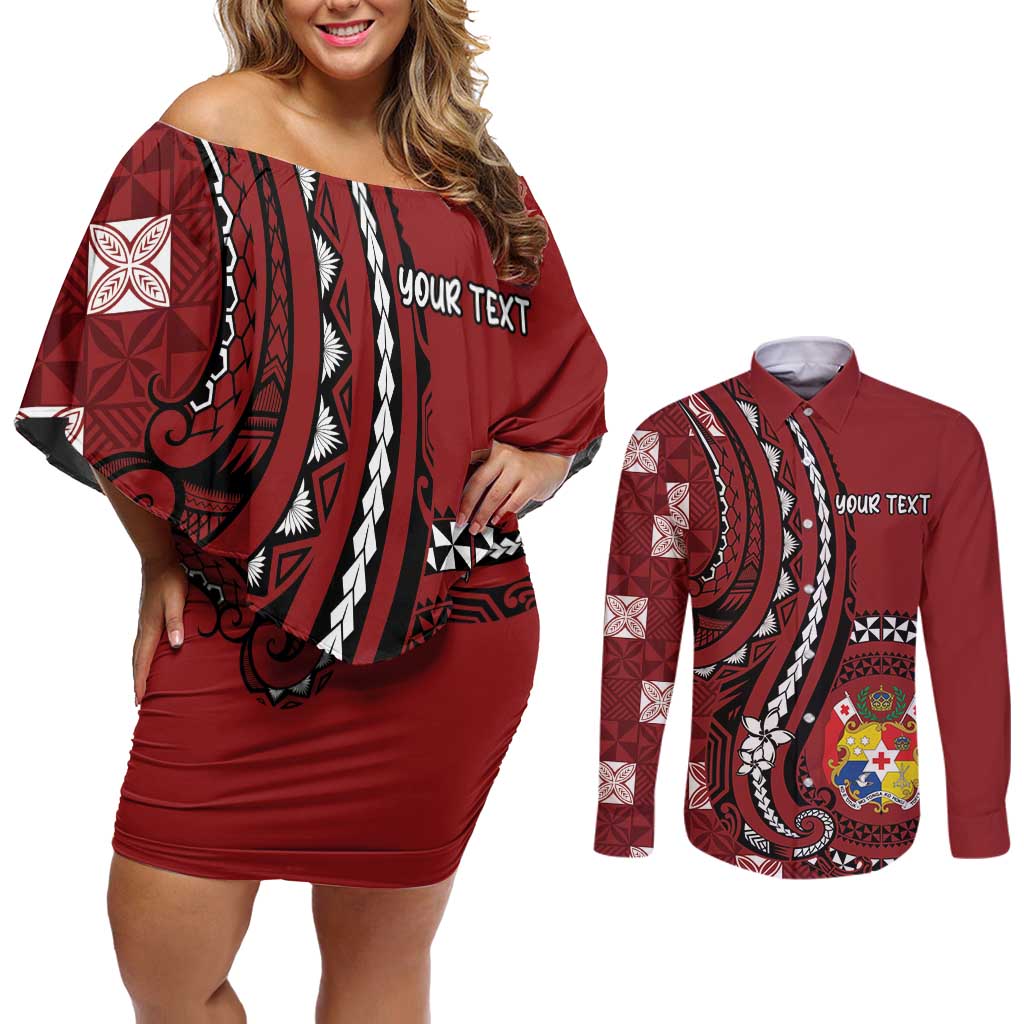 Personalized Tonga Ngatu Couples Matching Off Shoulder Short Dress and Long Sleeve Button Shirt Iconic Red Manulua Motifs