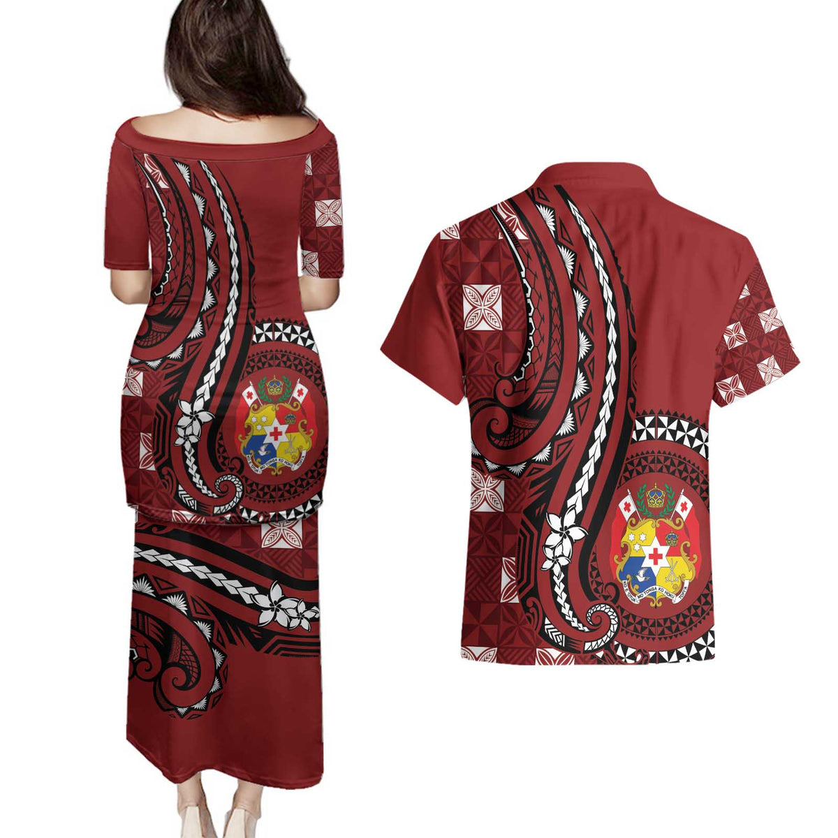 Personalized Tonga Ngatu Couples Matching Puletasi and Hawaiian Shirt Iconic Red Manulua Motifs
