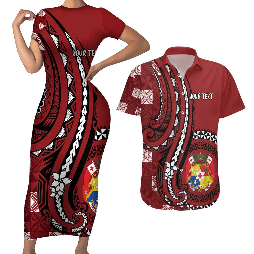 Personalized Tonga Ngatu Couples Matching Short Sleeve Bodycon Dress and Hawaiian Shirt Iconic Red Manulua Motifs