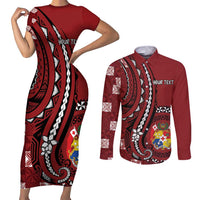 Personalized Tonga Ngatu Couples Matching Short Sleeve Bodycon Dress and Long Sleeve Button Shirt Iconic Red Manulua Motifs