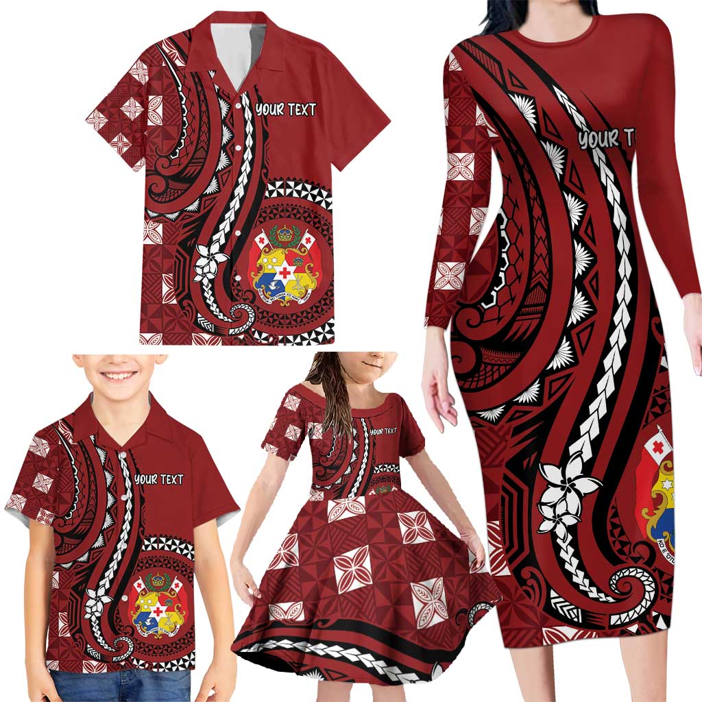 Personalized Tonga Ngatu Family Matching Long Sleeve Bodycon Dress and Hawaiian Shirt Iconic Red Manulua Motifs