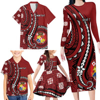 Personalized Tonga Ngatu Family Matching Long Sleeve Bodycon Dress and Hawaiian Shirt Iconic Red Manulua Motifs