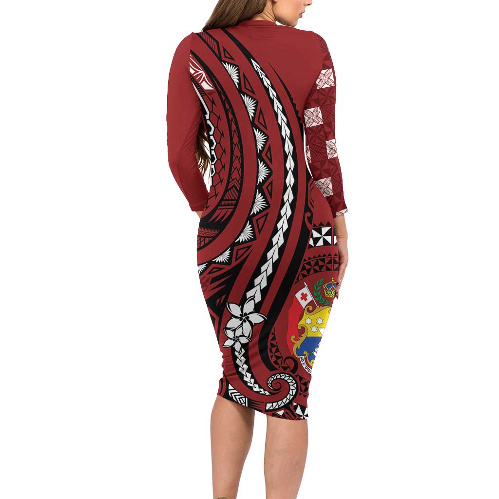 Personalized Tonga Ngatu Family Matching Long Sleeve Bodycon Dress and Hawaiian Shirt Iconic Red Manulua Motifs