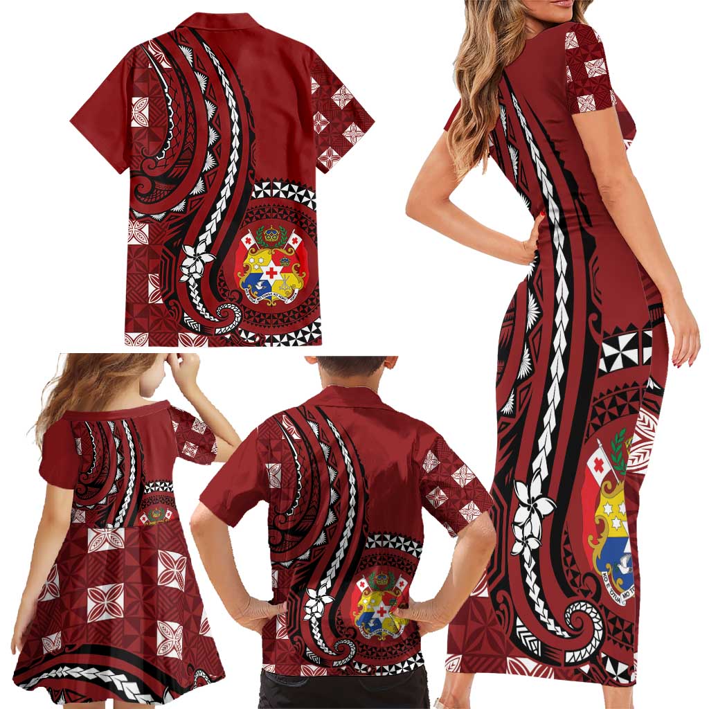 Personalized Tonga Ngatu Family Matching Short Sleeve Bodycon Dress and Hawaiian Shirt Iconic Red Manulua Motifs