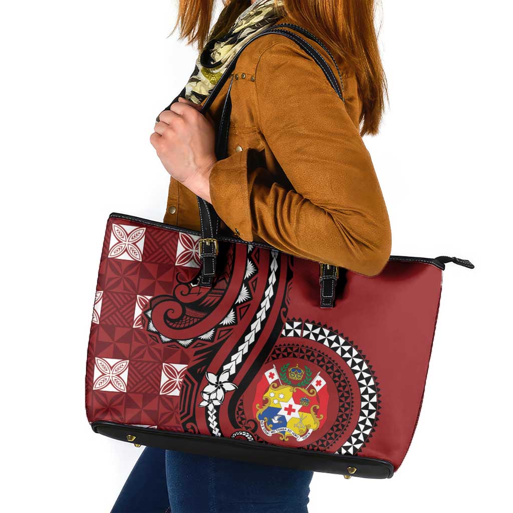 Tonga Ngatu Leather Tote Bag Iconic Red Manulua Motifs