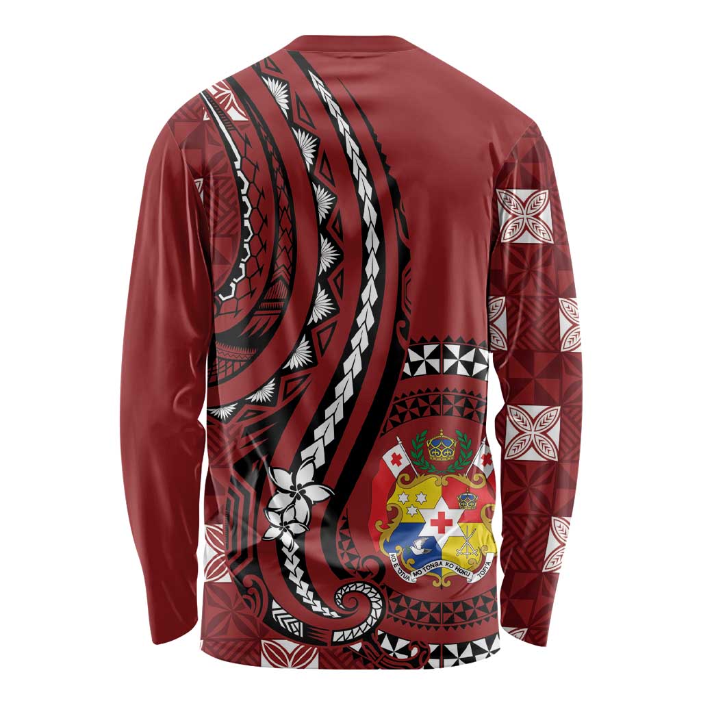Personalized Tonga Ngatu Long Sleeve Shirt Iconic Red Manulua Motifs