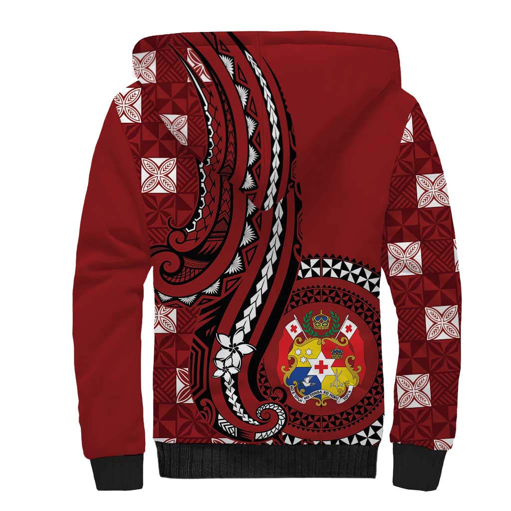 Personalized Tonga Ngatu Sherpa Hoodie Iconic Red Manulua Motifs