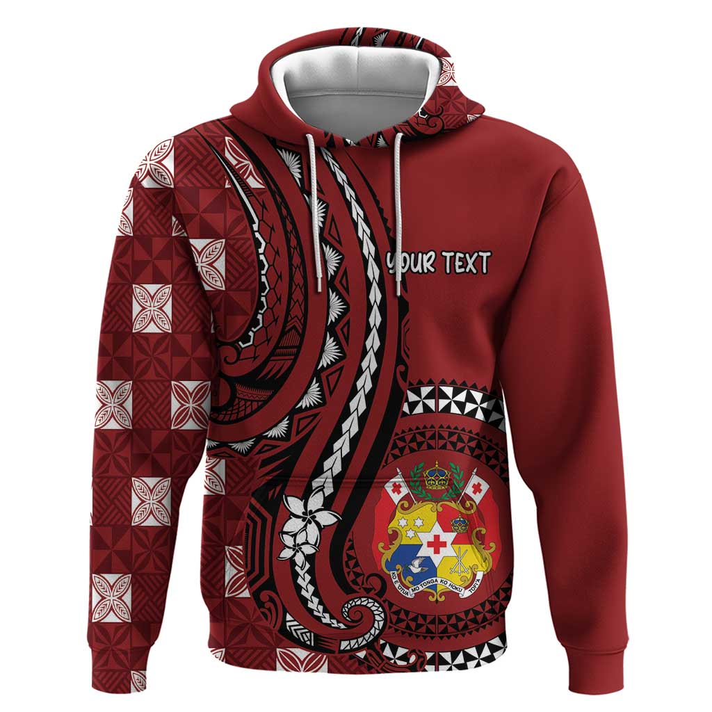 Personalized Tonga Ngatu Zip Hoodie Iconic Red Manulua Motifs