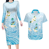 Guam Fishhook Mix Guasali Flowers Couples Matching Long Sleeve Bodycon Dress and Hawaiian Shirt Dreaming Turquoise LT7 Turquoise - Polynesian Pride