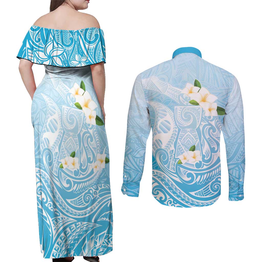 Guam Fishhook Mix Guasali Flowers Couples Matching Off Shoulder Maxi Dress and Long Sleeve Button Shirt Dreaming Turquoise