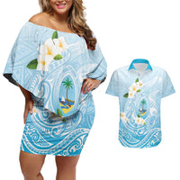Guam Fishhook Mix Guasali Flowers Couples Matching Off Shoulder Short Dress and Hawaiian Shirt Dreaming Turquoise LT7 Turquoise - Polynesian Pride