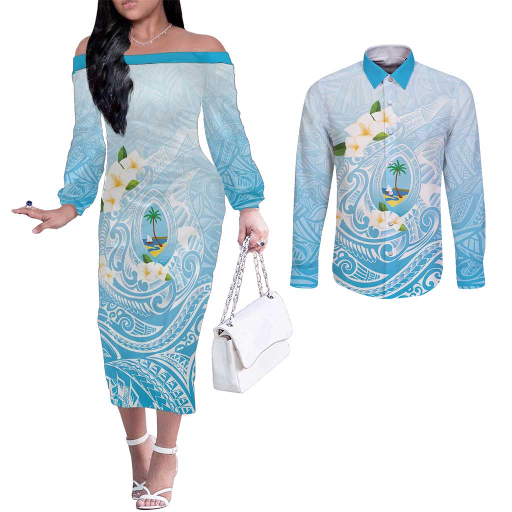 Guam Fishhook Mix Guasali Flowers Couples Matching Off The Shoulder Long Sleeve Dress and Long Sleeve Button Shirt Dreaming Turquoise LT7 Turquoise - Polynesian Pride