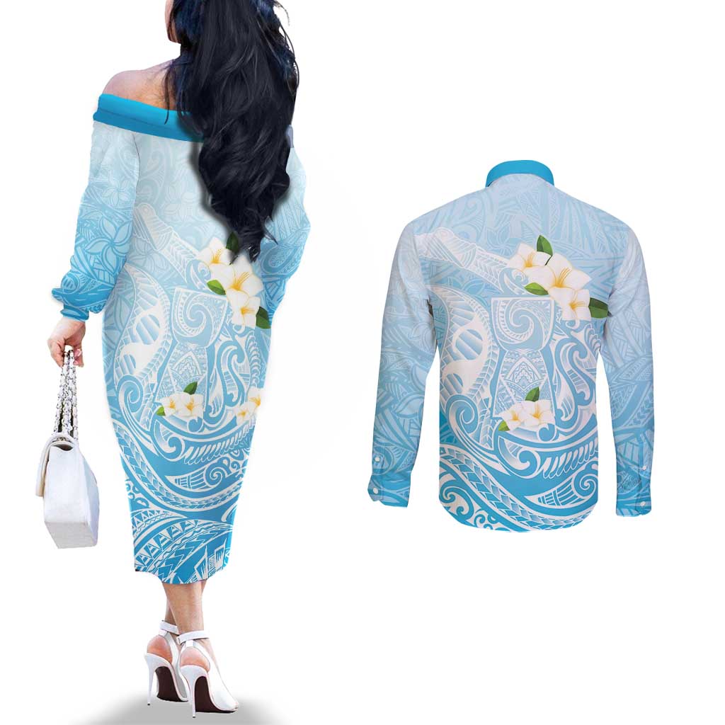Guam Fishhook Mix Guasali Flowers Couples Matching Off The Shoulder Long Sleeve Dress and Long Sleeve Button Shirt Dreaming Turquoise LT7 - Polynesian Pride